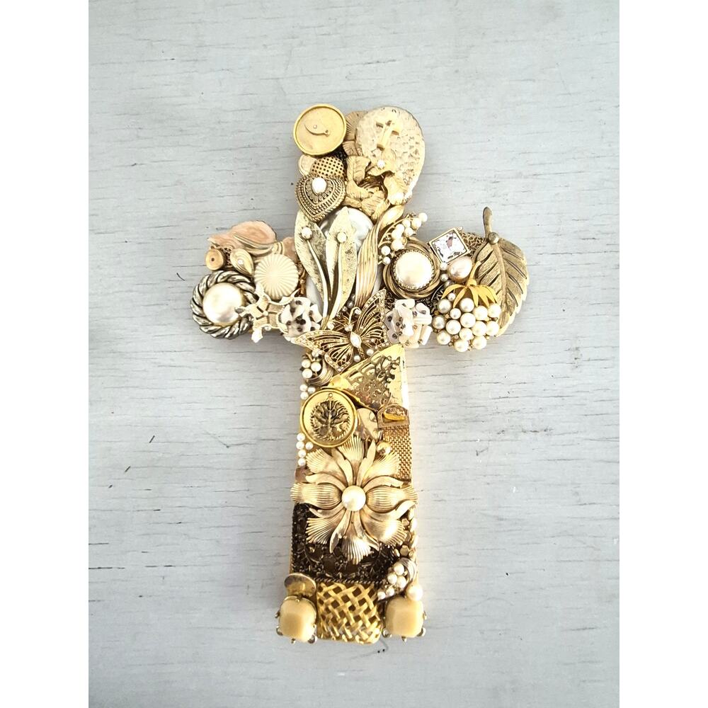 Vintage Floral and Goldtone Costume Jewelry Wall Cross Art